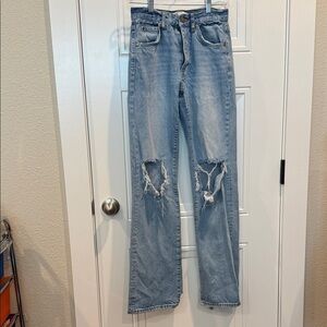 Zara Sky Blue Ripped Straight Leg Jeans